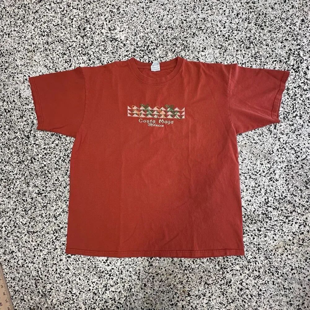 Yazbek Costa Maya Mexico T-Shirt Mens XL Orange Embroidery 00's Y2K Lizard